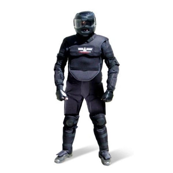 Person in full black motorcycle armor and helmet.