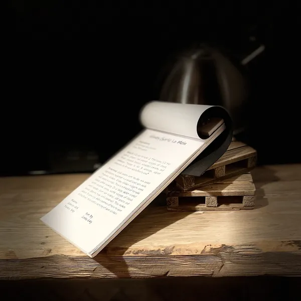Close-up of a wooden mechanical device with a paper scroll.