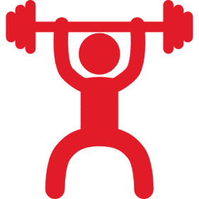 Red abstract figure with raised arms on a solid red background.